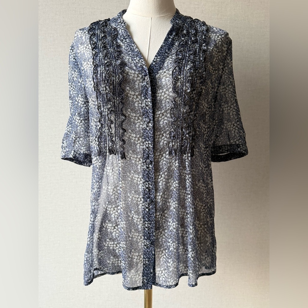 Banana Republic Navy and White Sheer Button-Down Blouse with Ruffle Trim